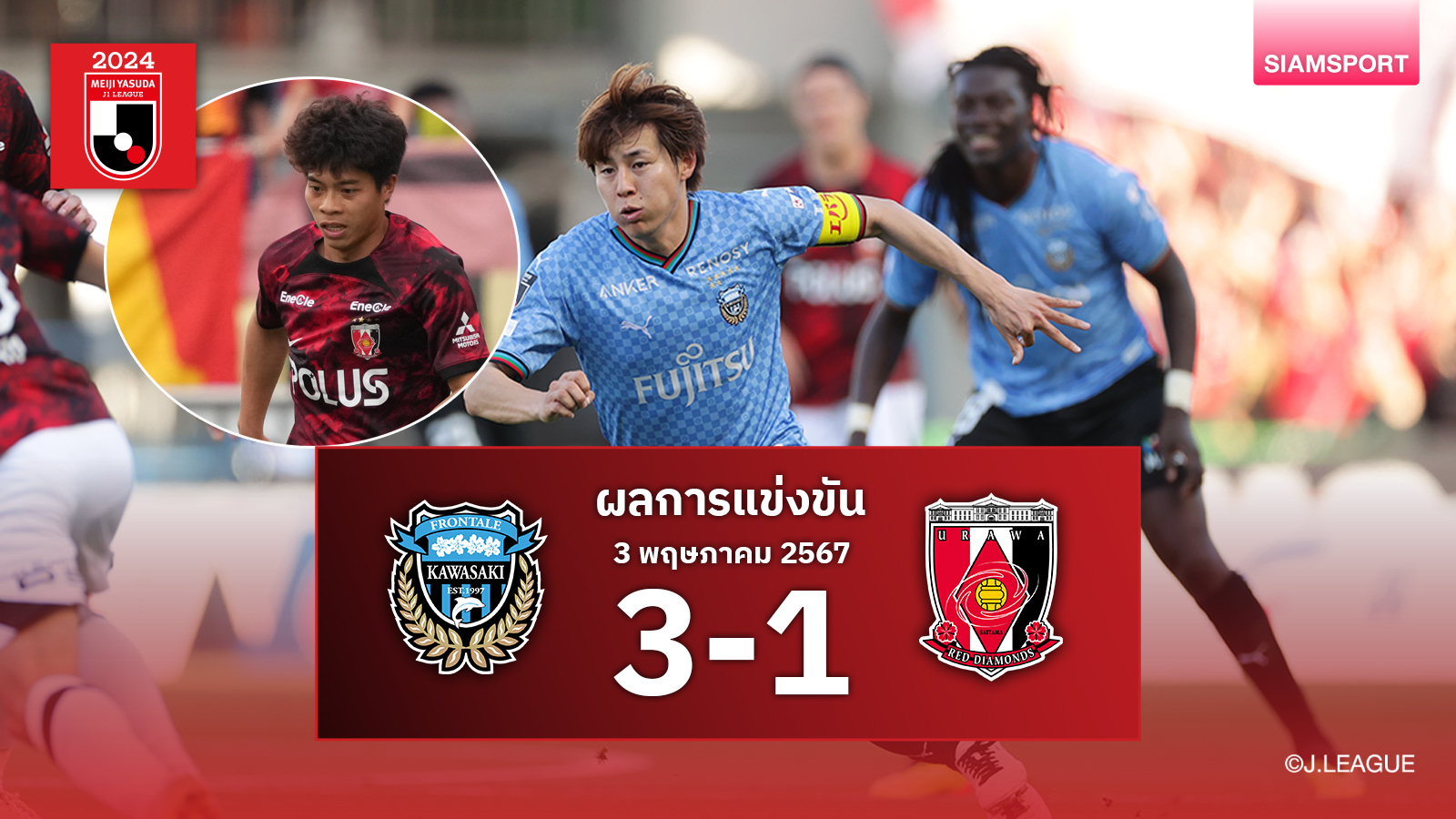 คาวาซากิ ฟรอนตาเล่เปิดบ้านอัดอุราวะ เรดส์ 3-1 เอกนิษฐ์ ปัญญา ลงสำรองน.72