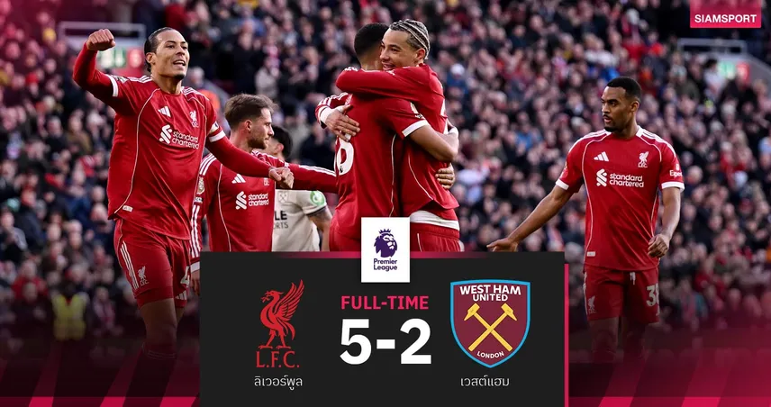 ผลบอล ลิเวอร์พูล 5-2 เวสต์แฮม : ยิงกันเดือด! หงส์แซงขึ้นที่ 5 แต้มเท่าแมนยู