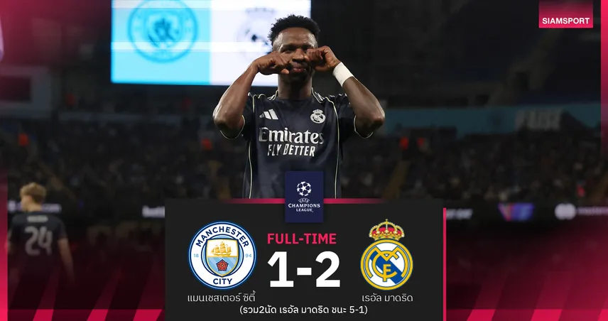 ผลบอล แมนซิตี้ 1-2 เรอัล มาดริด วินิซิอุส เหมา 2 จมเรือ 10 คนพาราชันลิ่วสกอร์รวม 5-1! 101206
