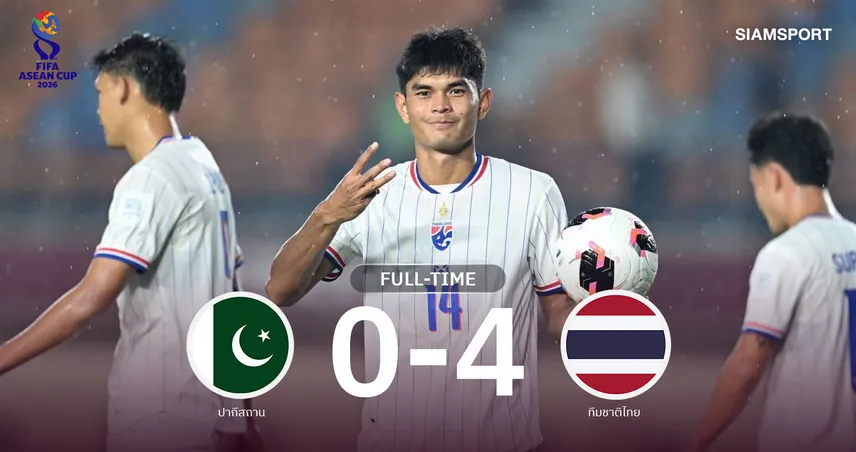ผลบอล : ธีรศักดิ์แฮตทริก! ไทยถล่มปากีสถาน 4-0 ประเดิมอาเซียน คัพ 2026
