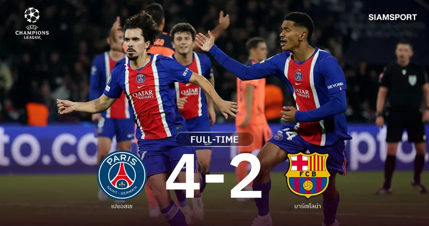 ผลบอล เปแอสเช 4-2 บาร์เซโลน่า: สมราคาแชมป์เก่า! ปารีสเรียงหน้าดับบาร์ซ่า นำฝูงUCL 110999