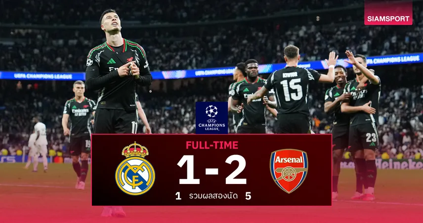 ผลบอล เรอัล มาดริด 1-2 อาร์เซน่อล (รวม 1-5): มาร์ติเนลลี่ซัดนาทีบาป! ปืนใหญ่บุกดับราชันเข้าตัดเชือก UCL