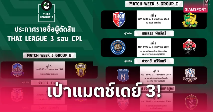 ประกาศ รายชื่อ "ผู้ตัดสิน" ปฏิบัติหน้าที่ศึกไทยลีก 3 รอบชปล. แมตช์เดย์ 3