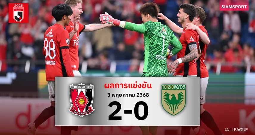ผลบอล อุราวะ 2-0 เวอร์ดี้ (3 พ.ค. 68) : เรดส์เฮ 5 นัดรวด ขึ้นรองฝูงเจลีกลุ้นเบียดคาชิม่า