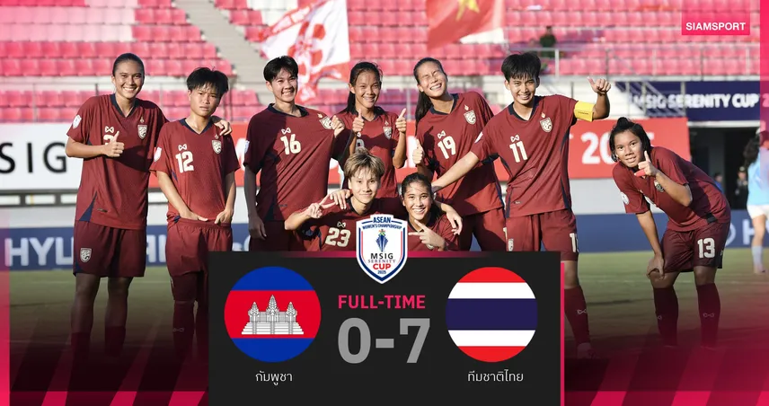 ฟุตบอลหญิงทีมชาติไทย 9 ส.ค. 68 ถล่มกัมพูชา 7-0 ศึกชิงแชมป์อาเซียน 2025