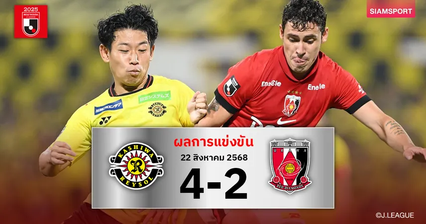 ผลบอลเจลีก: คาชิว่า เรย์โซล เฮพลิกนรกตามหลัง 0-2 ก่อนรัวแซง4ลูกบด อุราวะ เรดส์ ยึดจ่าฝูง