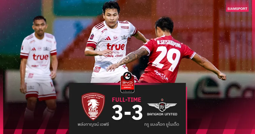 พลังกาญจน์ชวดเฮแรก! นำทรูแบงค็อกแต่โดน 10 คนไล่เจ๊า 3-3 ศึกลีกหนึ่ง