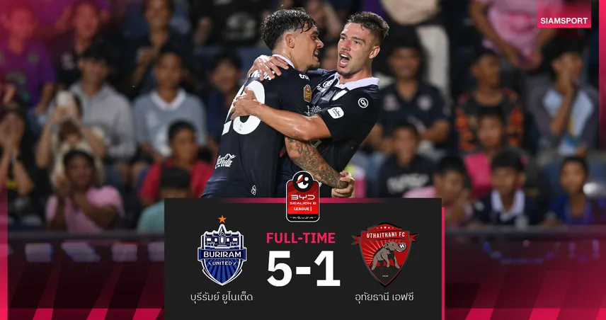 บุรีรัมย์แรงต่อเนื่อง! บิสโซลี่แฮตทริกถล่มอุทัยธานี 5-1 นำจ่าฝูงลีกหนึ่ง