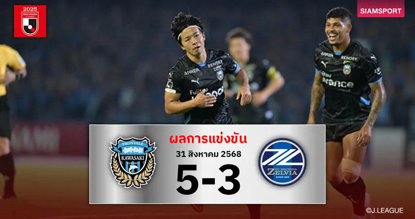 ผลบอล คาวาซากิ ฟรอนตาเล่ อัด มาชิดะ เซลเวีย เดือด 5-3 เอริซอน เบิ้ล! ลุ้นแชมป์โค้งสุดท้าย