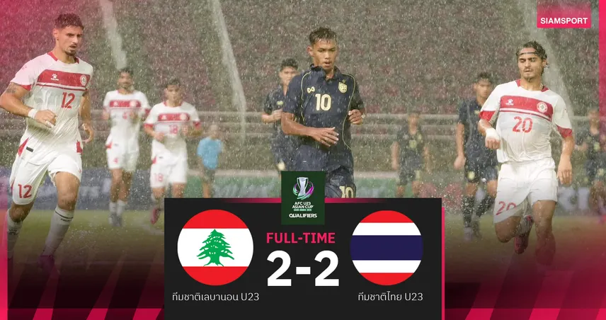 ผลบอล ทีมชาติไทย U23 ฮึดไล่เจ๊า เลบานอน 2-2 รั้งจ่าฝูงกลุ่ม F คัดเอเชีย
