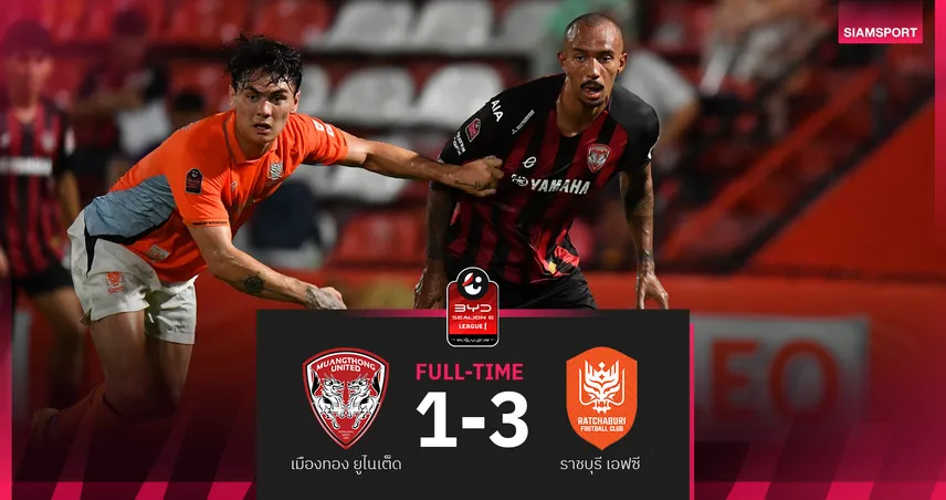 เมืองทอง ยูไนเต็ด พ่าย ราชบุรี เอฟซี 1-3 ศึก BYD SEALION 6 ลีกหนึ่ง 2025/26