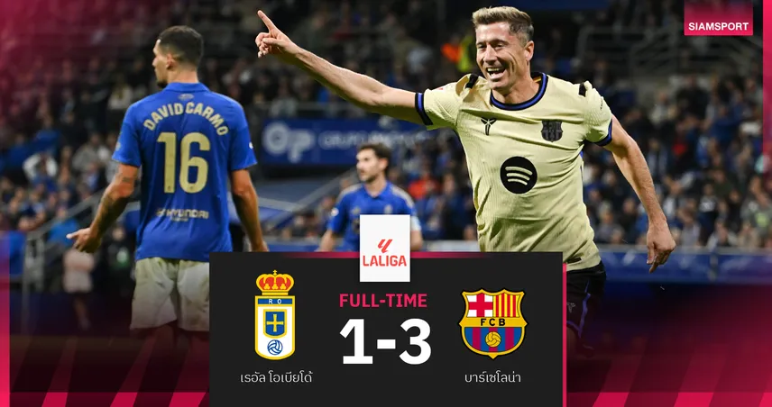 ผลบอล เรอัล โอเบียโด้ 1-3 บาร์เซโลน่า : เลวานดอฟสกี้-อเราโฮ ยิง! แรชฟอร์ด แอสซิสต์ช่วยบาร์ซ่าไล่ชุดขาว 2 แต้ม