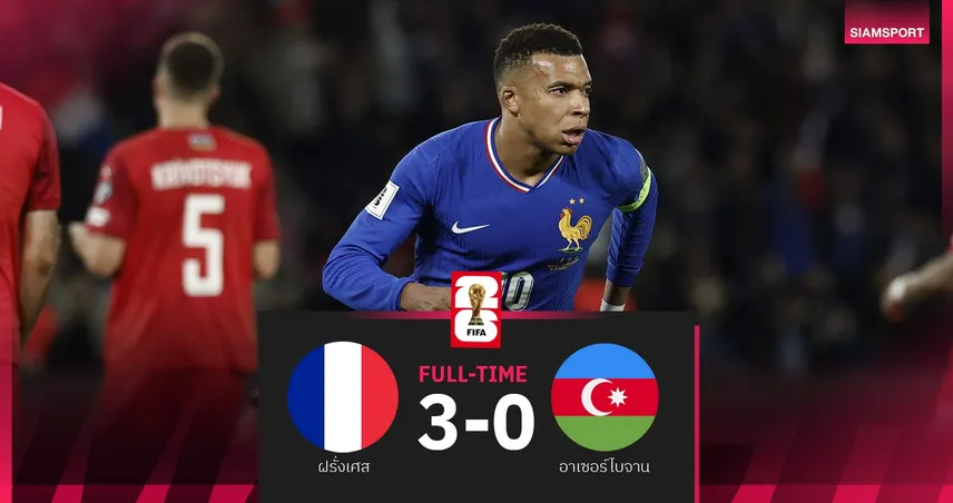 ผลบอล ฝรั่งเศส 3-0 อาเซอร์ไบจาน: เอ็มบัปเป้ ยิง+จ่าย! ตราไก่เฮรวดคัดบอลโลก