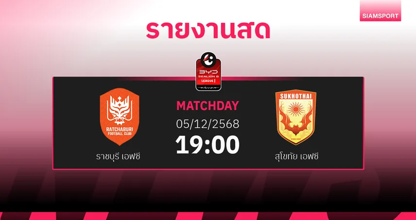 ผลบอล : สดที่นี่... ราชบุรี เอฟซี พบ สุโขทัย เอฟซี