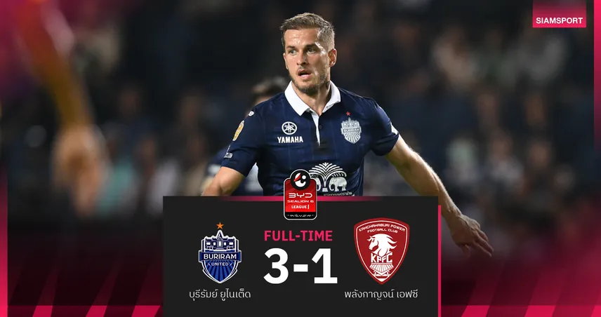บุรีรัมย์เชือดพลังกาญจน์ 3-1! หนี 8 แต้ม ยึดจ่าฝูง BYD SEALION 6 ลีกหนึ่ง