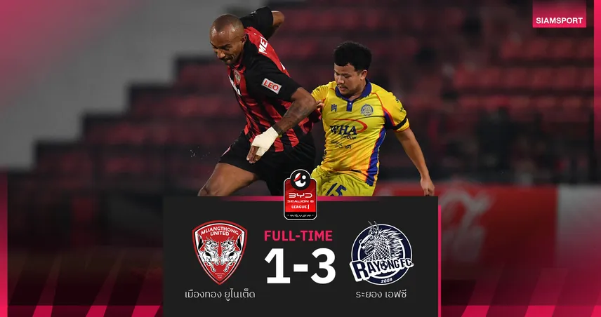 เมืองทอง 10คน พ่าย ระยอง 1-3 ศึกBYD SEALION 6 ลีกหนึ่ง 2025/26