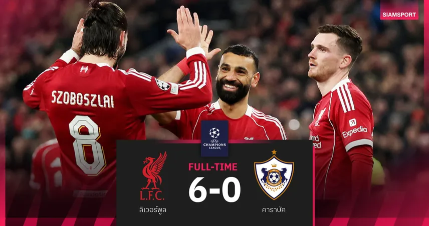 ผลบอล ลิเวอร์พูล 6-0 คาราบัค: หงส์สยายปีกไล่ถลุงยับไม่นับญาติซิวตั๋วน็อกเอาต์ UCL