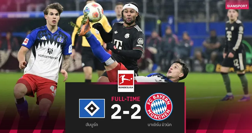 ผลบอล ฮัมบูร์ก 2-2 บาเยิร์น มิวนิค : เสือใต้สะดุด2นัดติด! ยังนำฝูงทิ้ง 9 แต้ม
