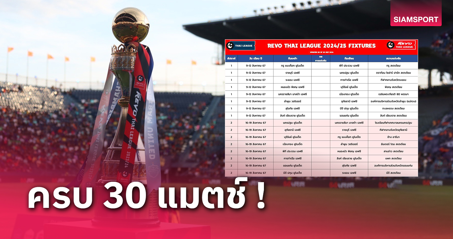 ไทยลีกเปิดโปรแกรมฤดูกาลใหม่เริ่ม 9 ส.ค.นี้ เมืองทองฯ เยือน โคราช 