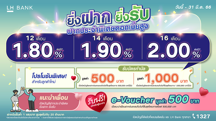 LH Bank ออกเงินฝากประจำพิเศษ ชูดอกเบี้ยสูงสุด 2% ต่อปี รับดอกเบี้ยทุกเดือน พร้อมโปรโมชันพิเศษ ยิ่งฝาก...ยิ่งรับ e-Voucher มูลค่าสูงสุด 1,000 บาท